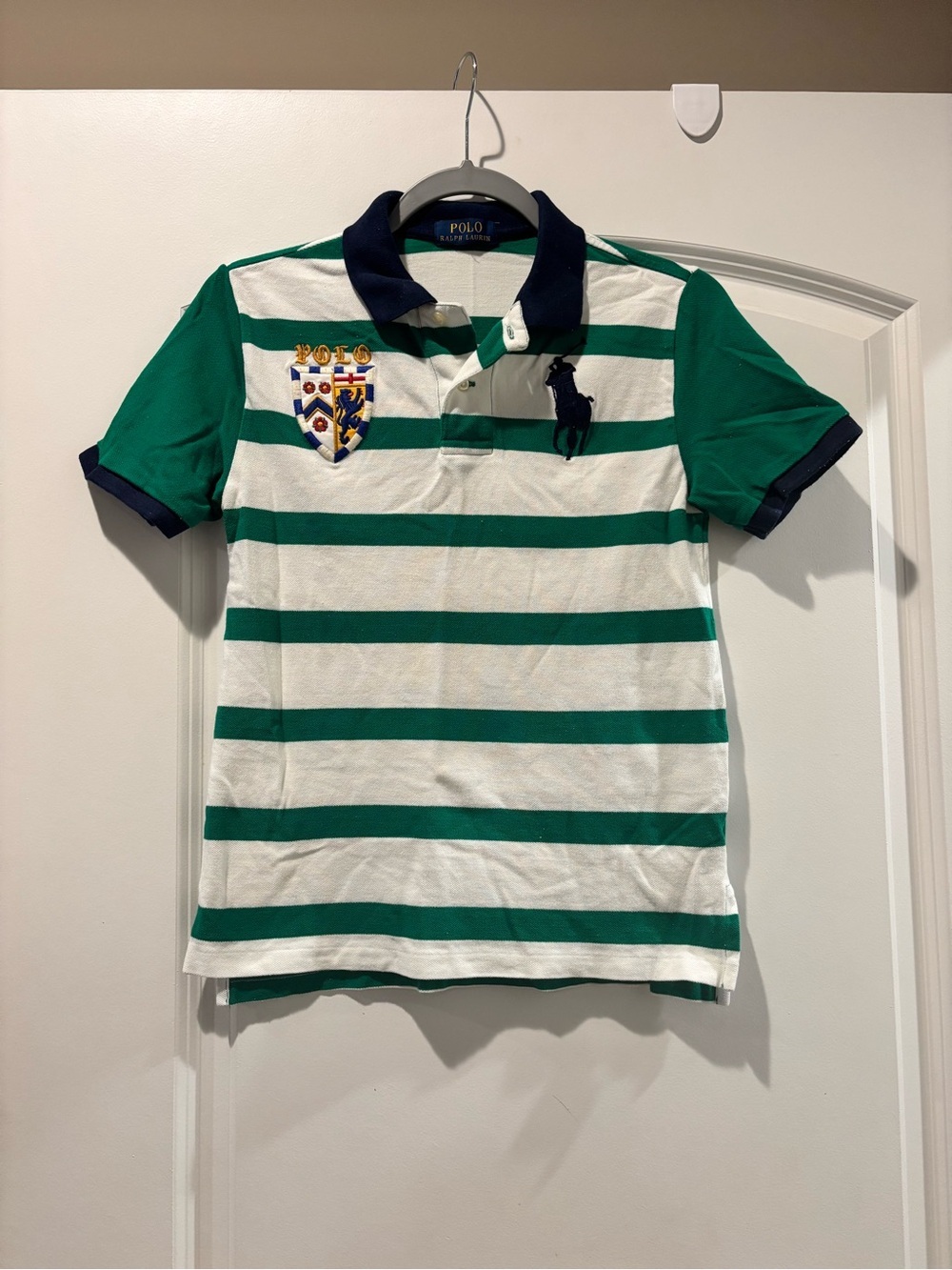 Polo by Ralph Lauren Green & White Striped Polo with Navy Trim